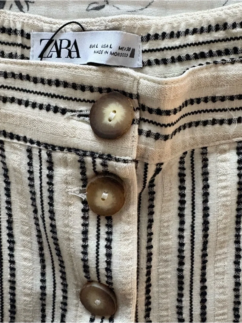 Zara Embroidered Striped Rustic Cotton & Linen Tapered Cropped Pants Size L NWT